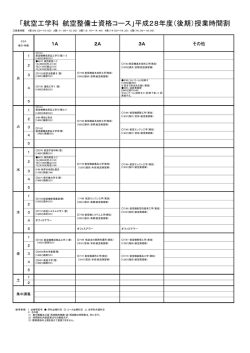 「航空工学科 航空整備士資格コース」平成28年度（後期）授業時間割