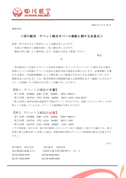 ＜四川航空 チベット経由ネパール渡航に関する注意点＞ 【例 1：チベット