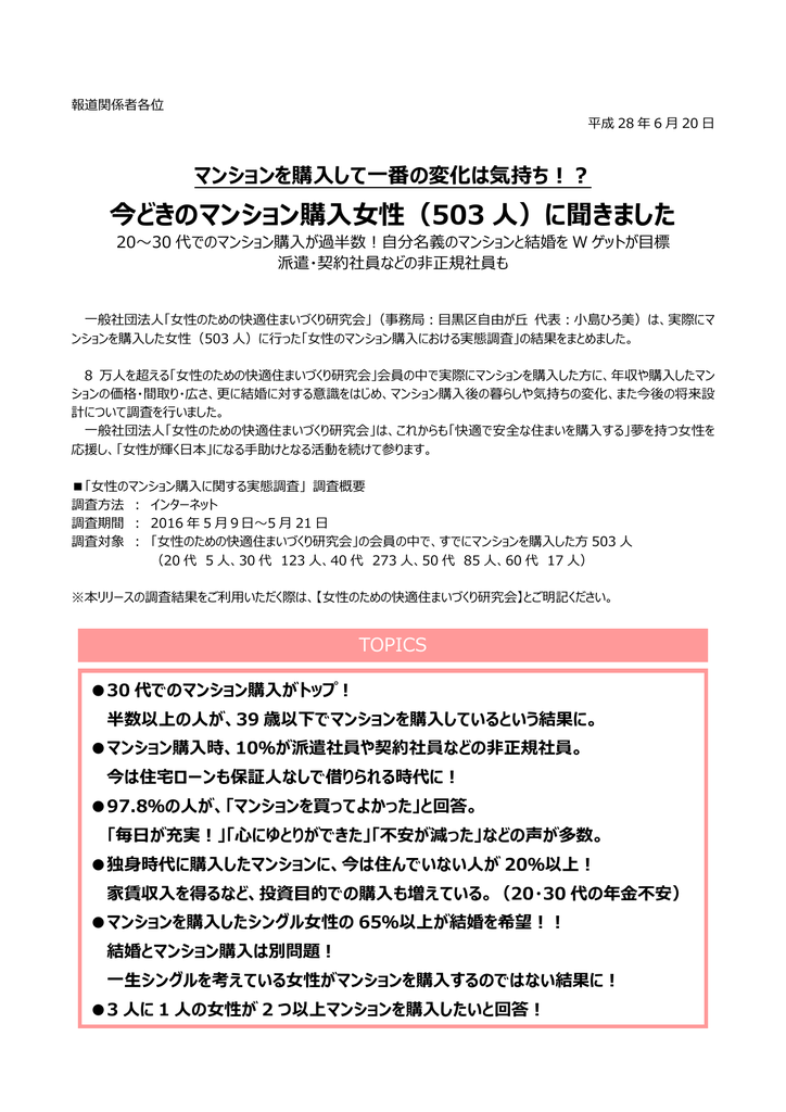 今どきのマンション購入 性 503 人 に聞きました