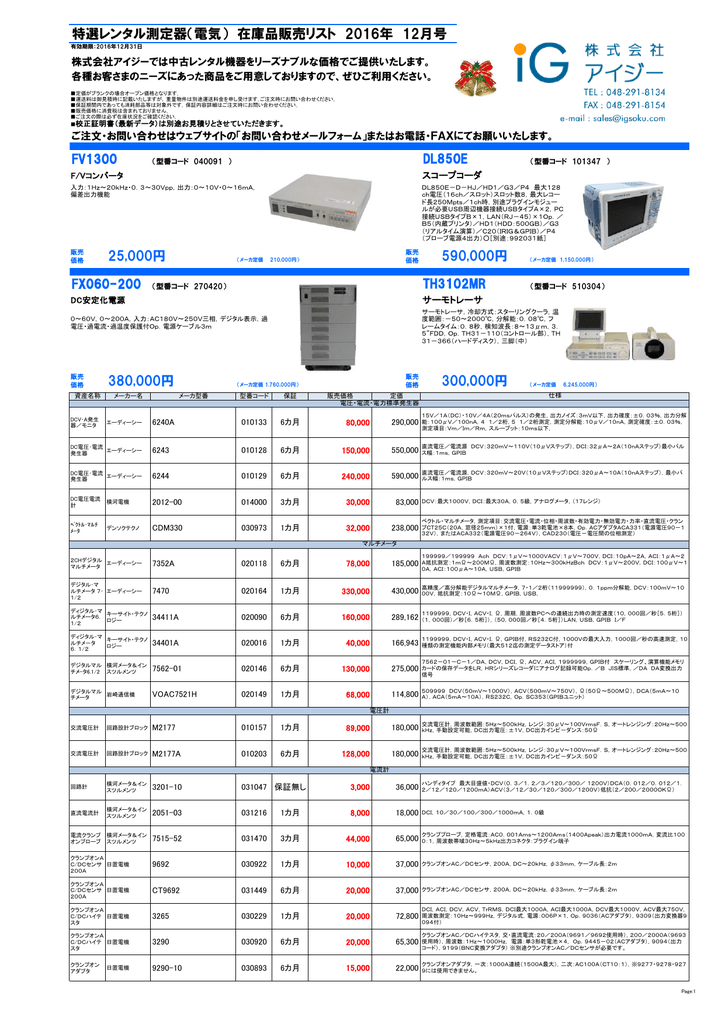 特選レンタル測定器 電気 在庫品販売リスト 2016年 12月号 380 000