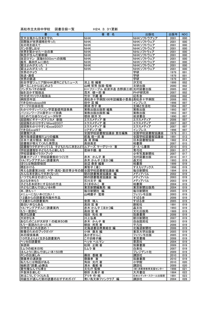 高松市立太田中学校 図書目録一覧 H24．3．31更新