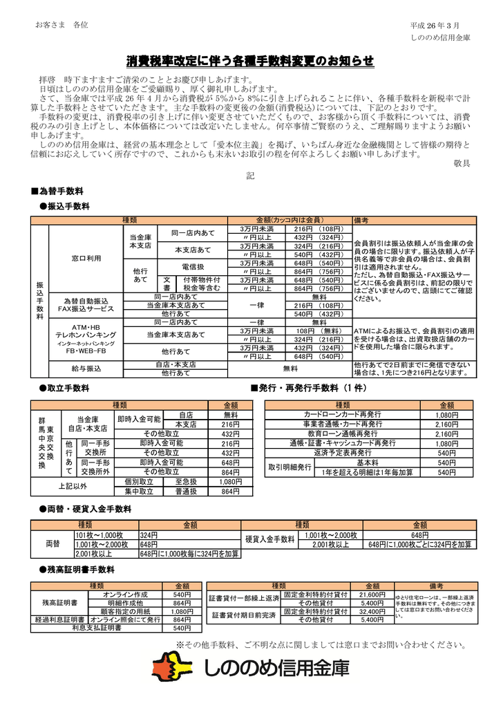 消費税率改定に伴う各種手数料変更のお知らせ