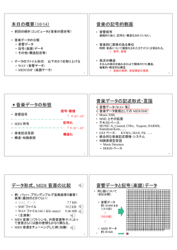 本日の概要（10/14） 音楽の記号的側面 ＊音楽データの形態 音楽データ