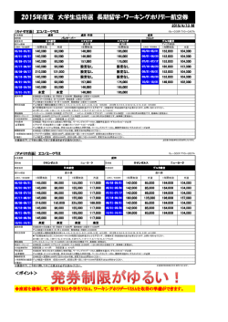 2015年度夏 大学生協特選 長期留学・ワーキングホリデー航空券
