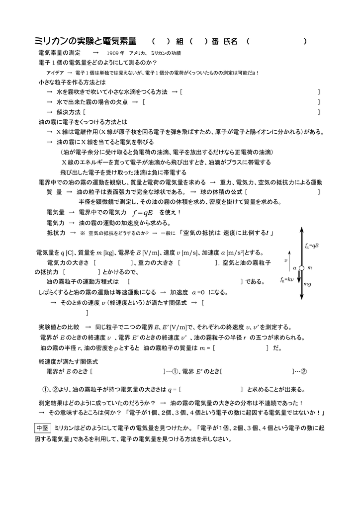 ミリカンの実験と電気素量 組 番 氏名