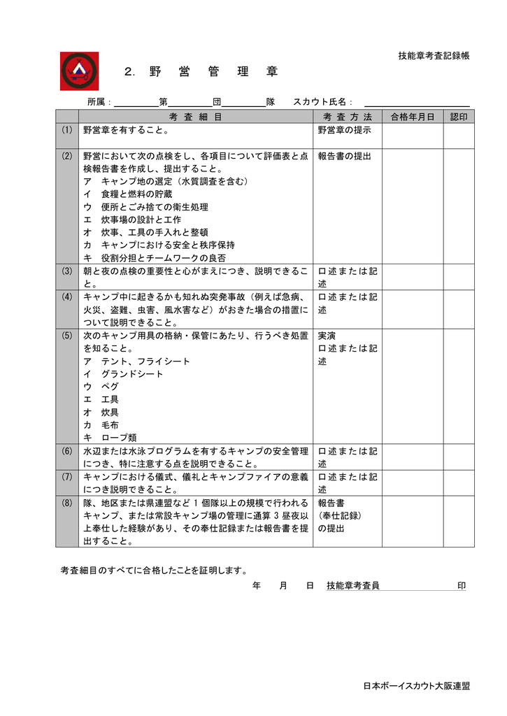 野営管理章 日本ボーイスカウト大阪連盟