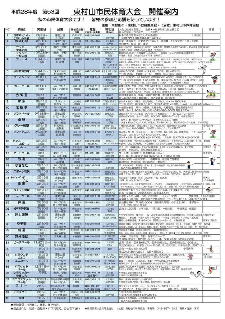 東村山市民体育大会 開催案内