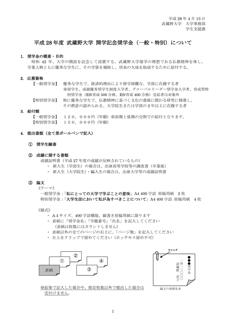 平成 28 年度 武蔵野大学 開学記念奨学金 一般 特別 について