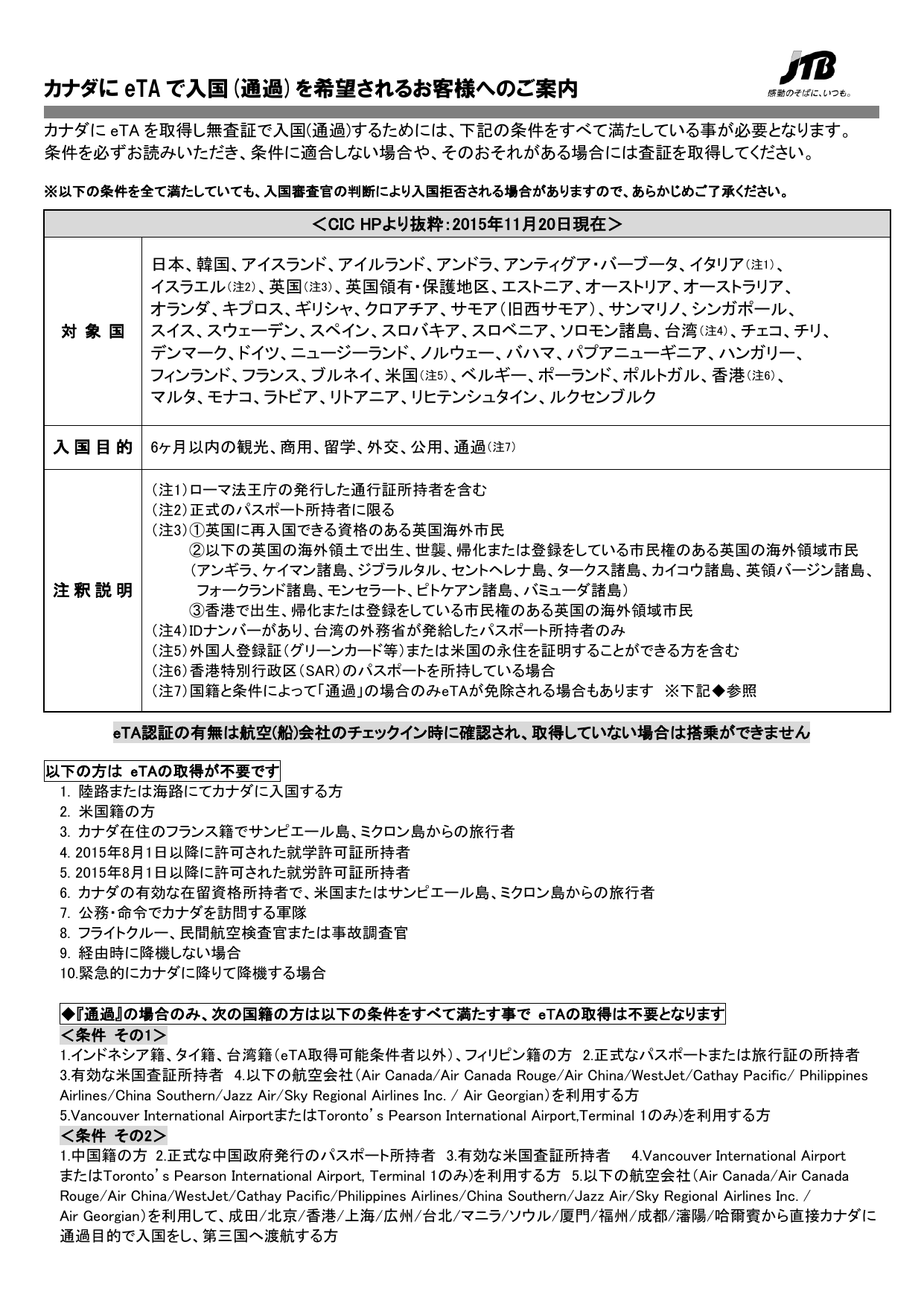 カナダに Eta で入国 通過 を希望されるお客様へのご案内