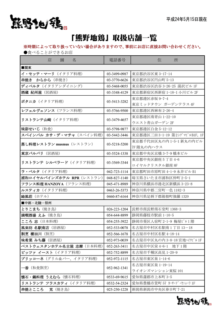 熊野地鶏 取扱店舗一覧