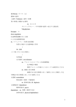 1 薬理総論シラバス（4） 薬物の連用 ⒈耐性 Tolerance: 連用&rarr;初期 果
