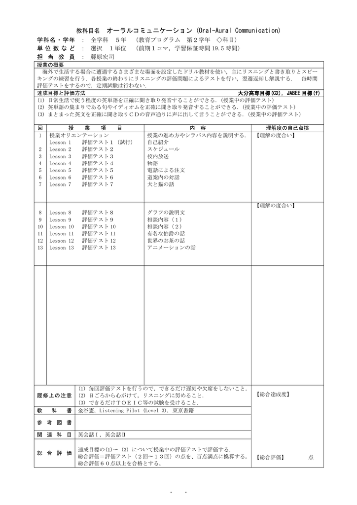 教科目名 オーラルコミュニケーション Oral