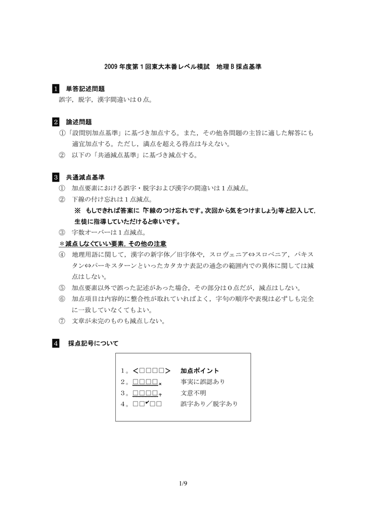 1 9 09 年度第1回東大本番レベル模試 地理 B 採点基準 1 単答記述