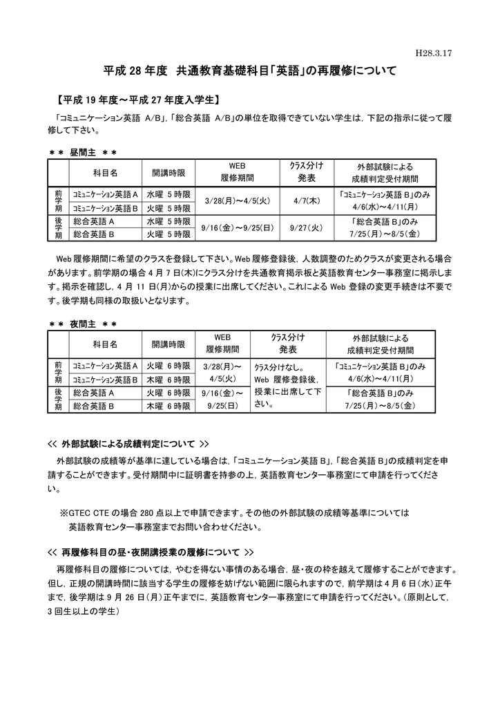 平成 28 年度 共通教育基礎科目 英語 の再履修について