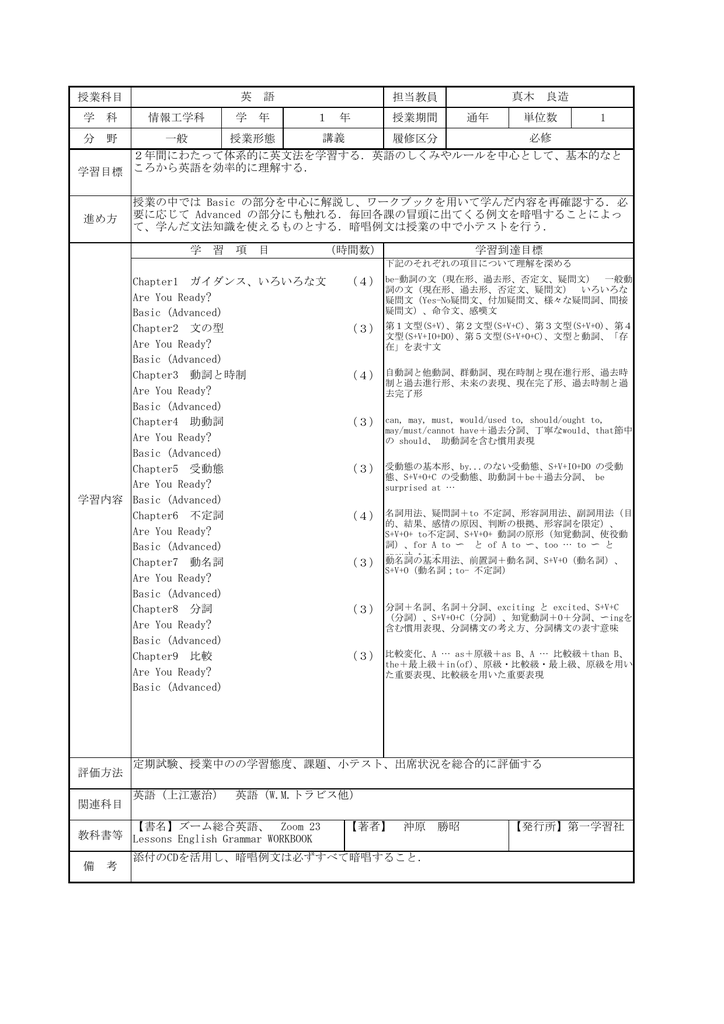 授業科目 担当教員 学 科 情報工学科 学 年 授業期間 通年 単位数 1 分