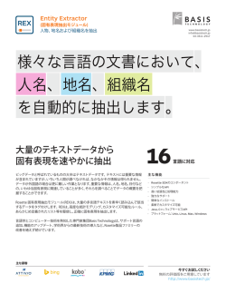様々な言語の文書において、 人名、地名、組織名 を自動的に抽出します。