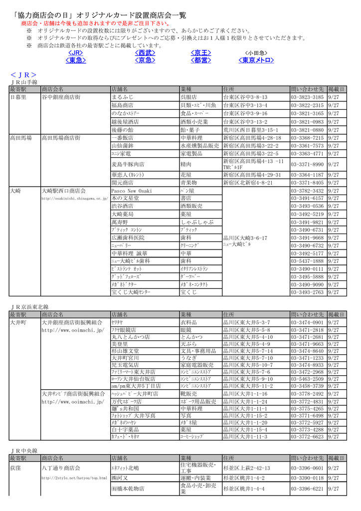 協力商店会の日 オリジナルカード設置商店会一覧