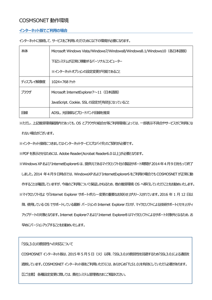 Cosmsonet 動作環境