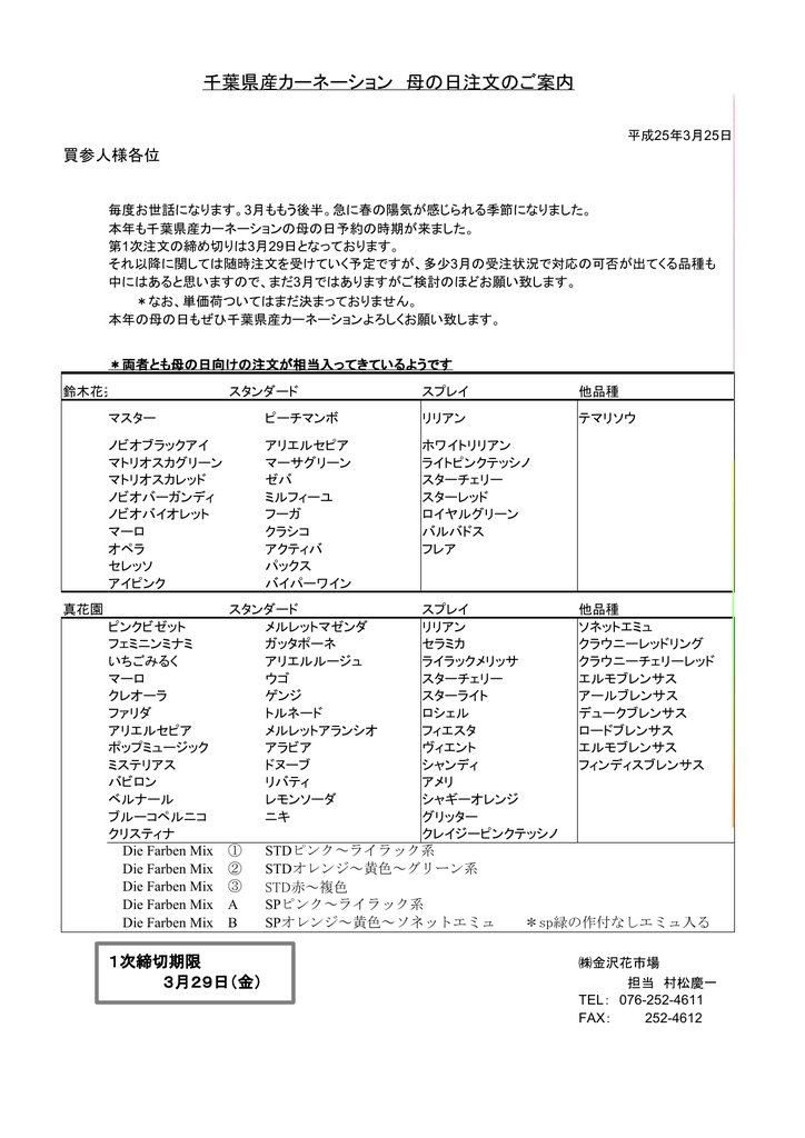 千葉県産カーネーション 母の日注文のご案内