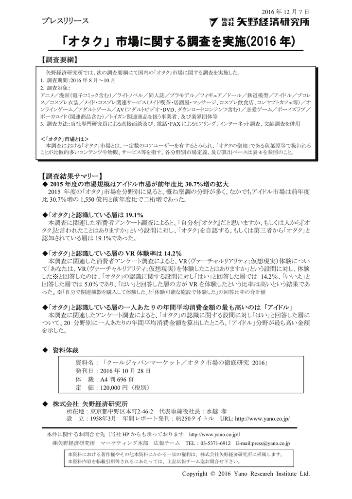 オタク 市場に関する調査を実施 2016 年