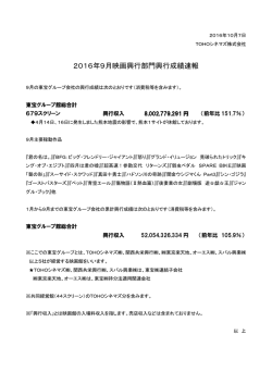 2016年9月映画興行部門興行成績速報