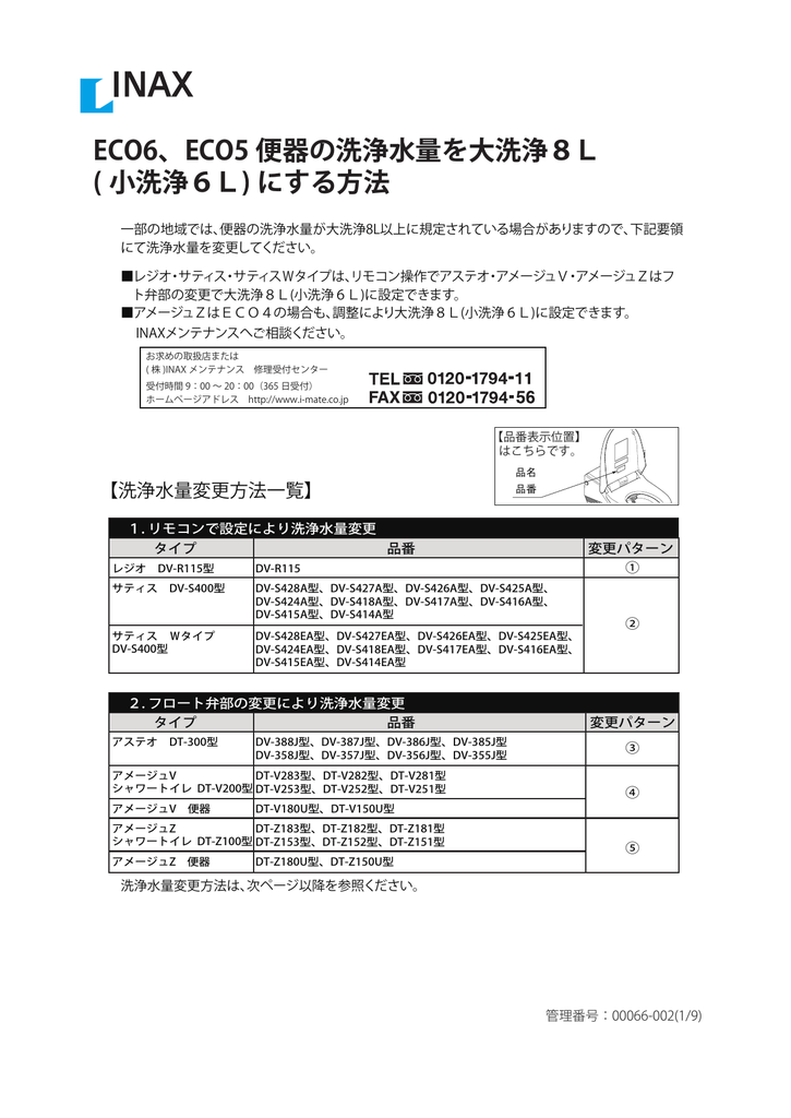 Eco6 Eco5 便器の洗浄水量を大洗浄8l 小洗浄6l にする