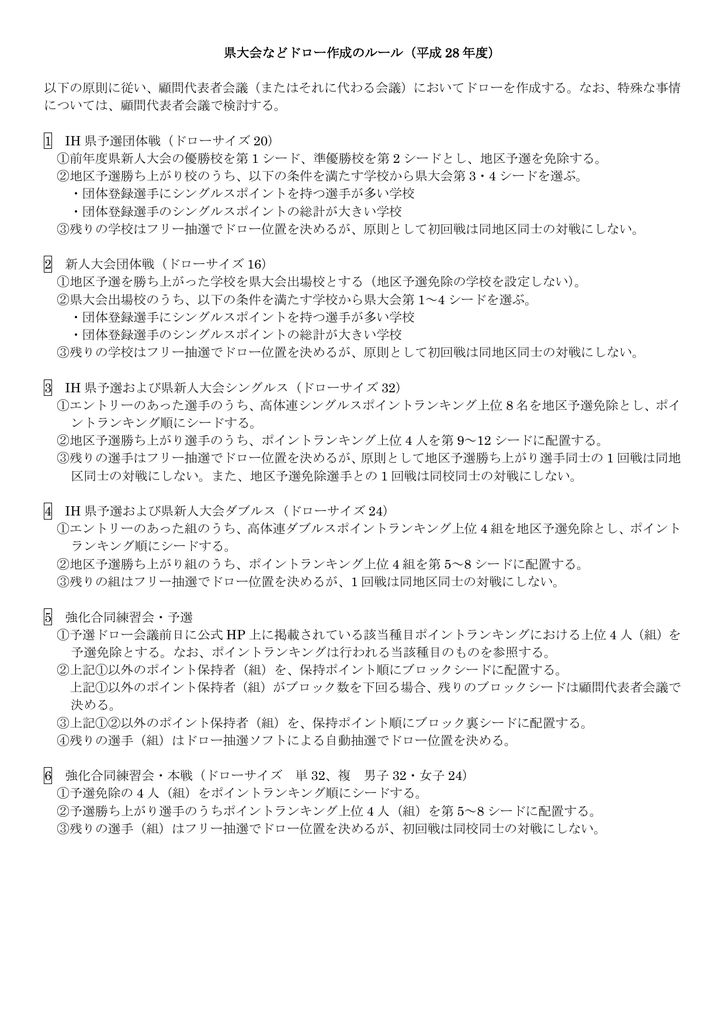 県大会などドロー作成のルール 平成 28 年度 以下の原則に従い 顧問