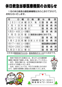 1月の休日救急当番医療機関は次のとおりですので、 お知らせいたします