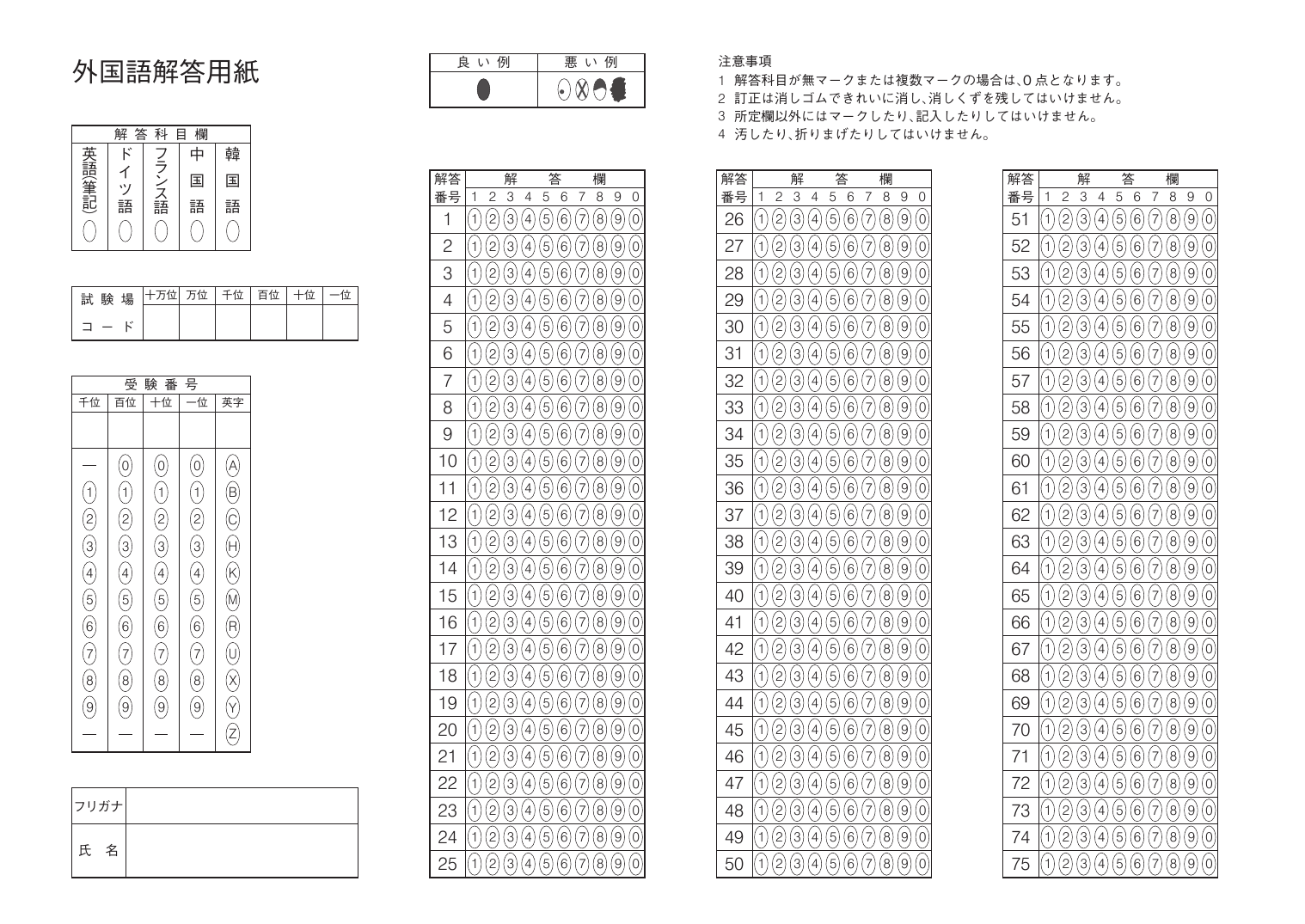 センター試験 外国語 解答用紙 英語 ドイツ語 フランス語 中国語 韓国