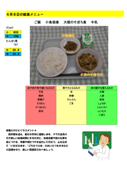 4月8日の給食メニュー ご飯 小魚佃煮 大根のそぼろ煮 牛乳