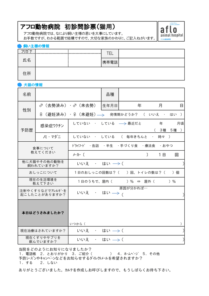 問診表 猫 アフロ動物病院