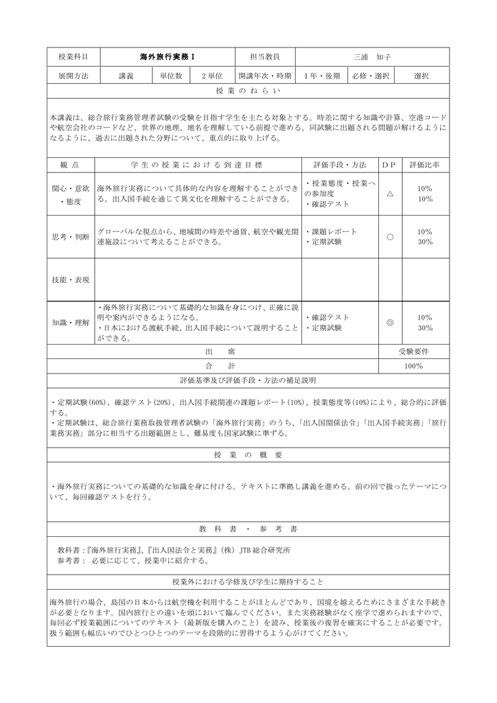 授業科目 海外旅行実務 担当教員 三浦 知子 展開方法 講義 単位数 2