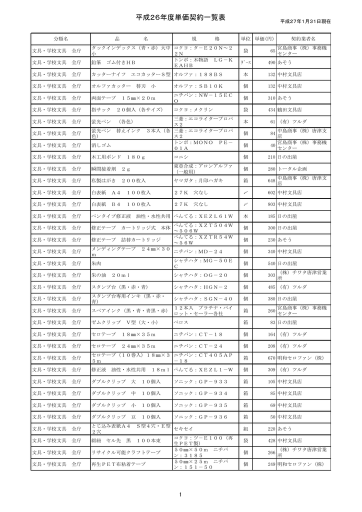 平成26年度単価契約一覧表