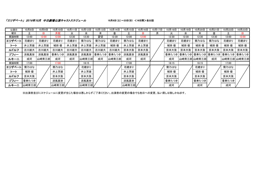 エリザベート 16年10月 中日劇場公演キャストスケジュール