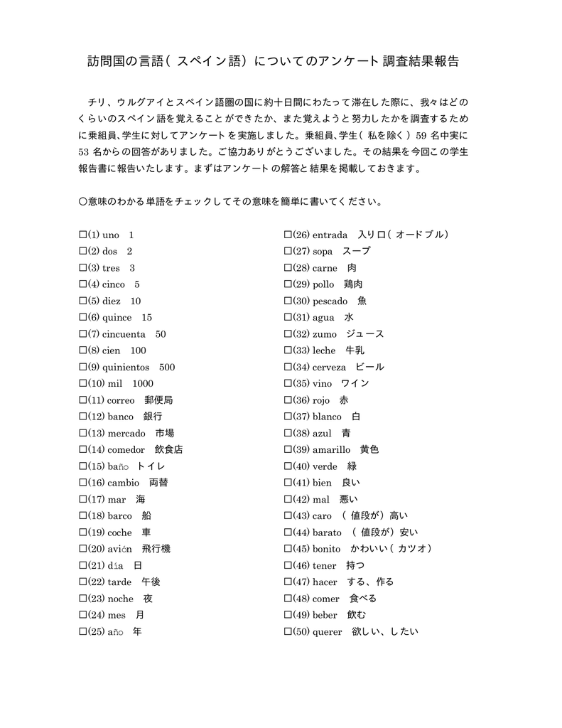 訪問国の言語 スペイン語 についてのアンケート調査結果報告