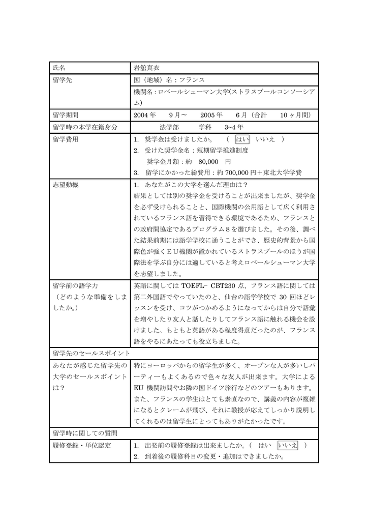 氏名 岩舘真衣 国 地域 名 フランス 留学先 機関名 ロベールシューマン