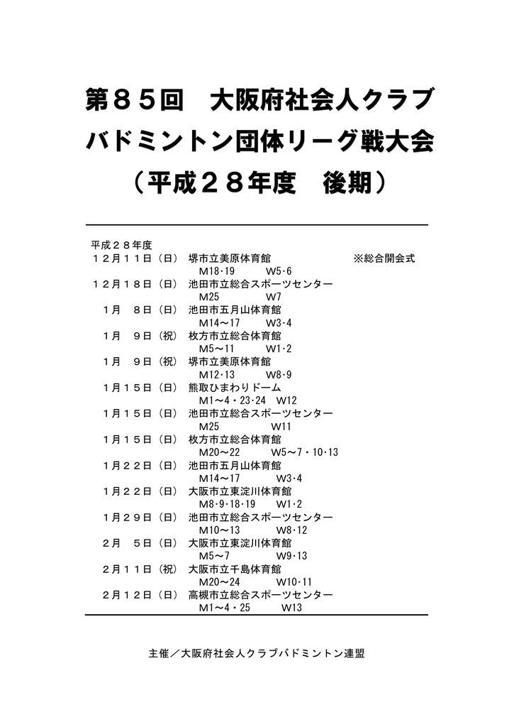 平成28年度 後期 大阪府社会人クラブバドミントン連盟