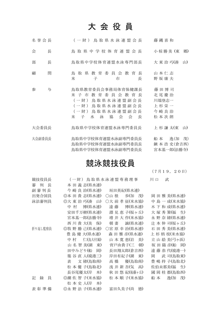 大 会 役 員 競泳競技役員