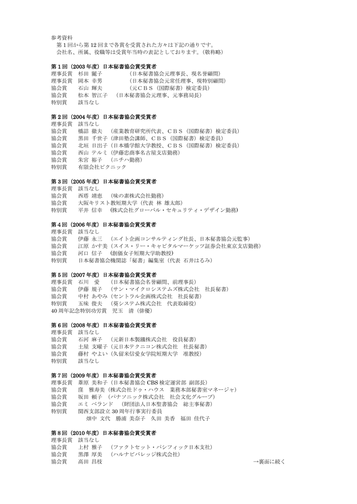 参考資料 第 1 回から第 12 回まで各賞を受賞された方々は下記の通り