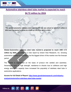 Automotive Stainless Steel Tube Market Size Was Valued At USD 3.37 Million In 2015 And Is Projected To Grow At A CAGR Of 3.9% From 2016 To 2024: Grand View Research, Inc.
