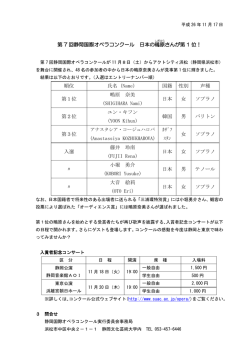 第 7 回静岡国際オペラコンクール 日本の鴫原 さんが第 1 位！ 順位 氏名