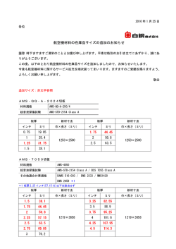 航空機材料の在庫品サイズの追加のお知らせ