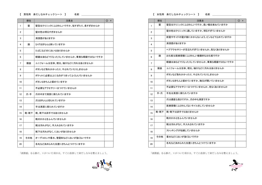 男性用 身だしなみチェックシート 名前 部位 注意点 1 髪