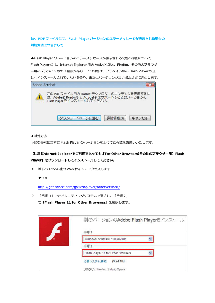 Flash Player バージョンのエラーメッセージが表示される場合の 対処方法