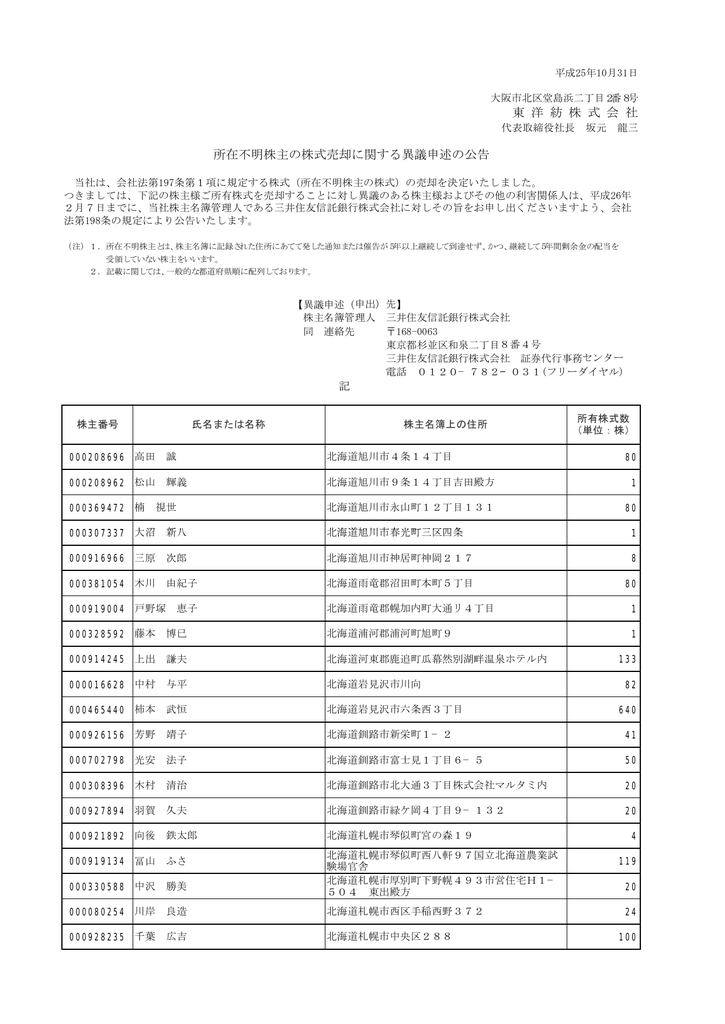 所在不明株主の株式売却に関する異議申述の公告