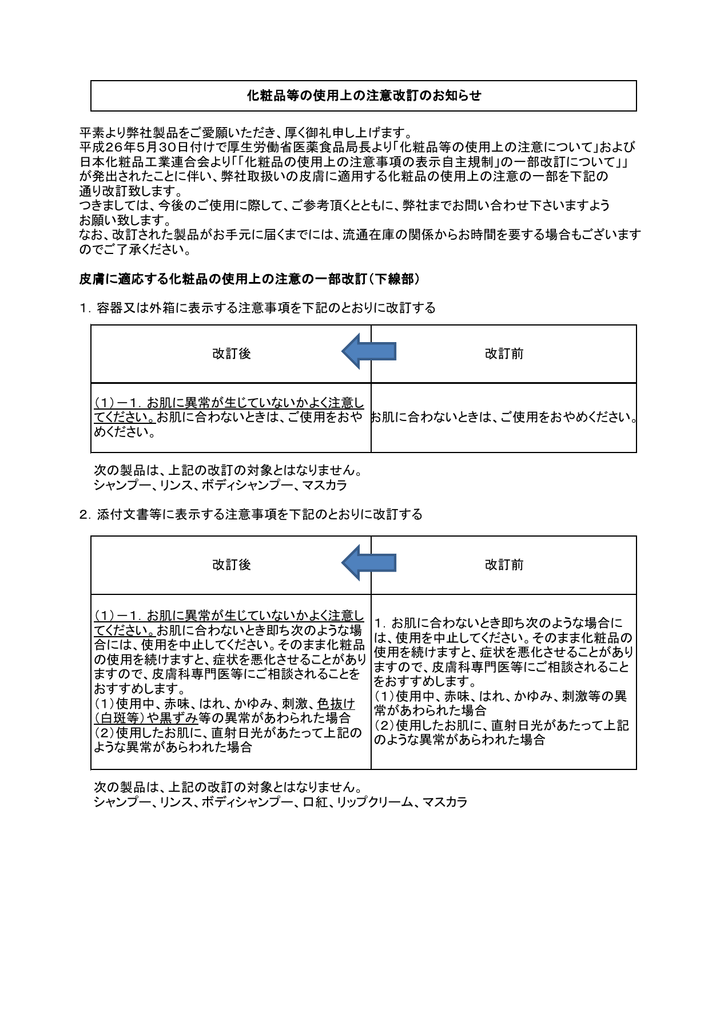 化粧品等の使用上の注意改訂のお知らせ