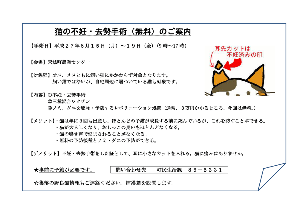 猫の不妊・去勢手術(無料)のご案内