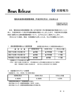 電気料金燃料費調整単価（平成29年2月分）のお知らせ