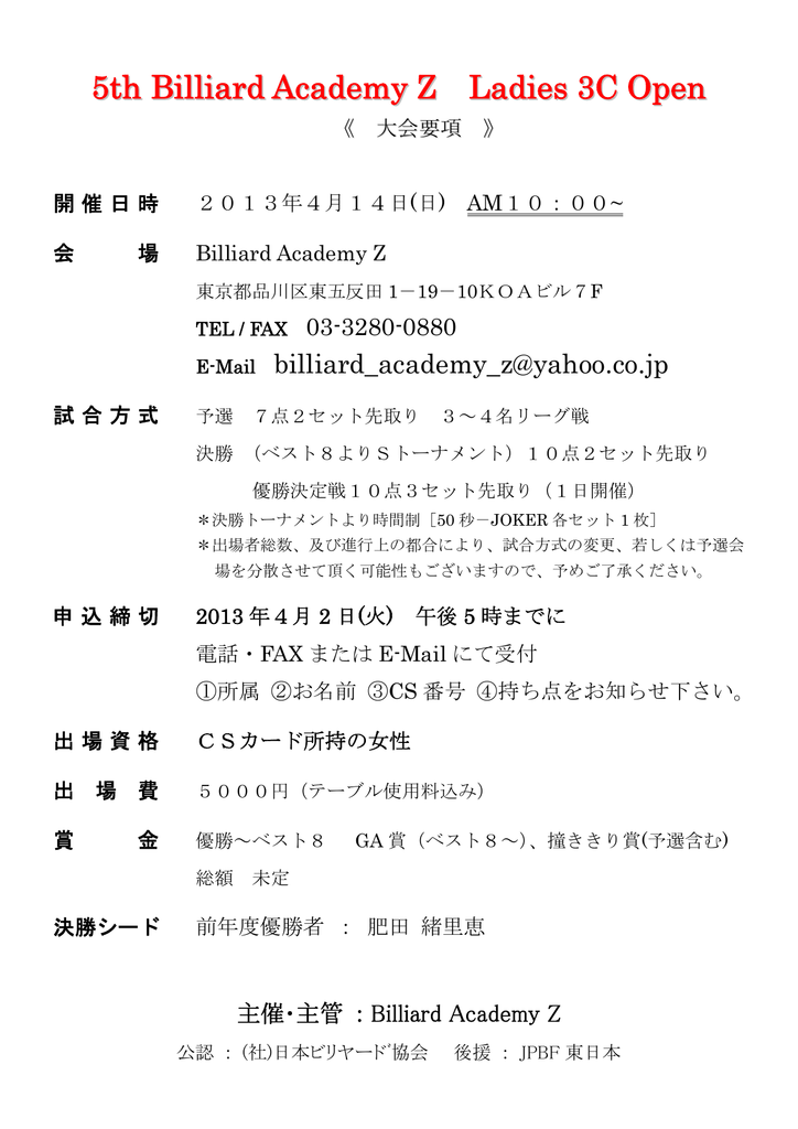 5th Billiard Academy Z Ladies 3c Open