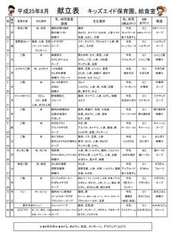 平成25年8月 献立表 キッズエイド保育園、給食室